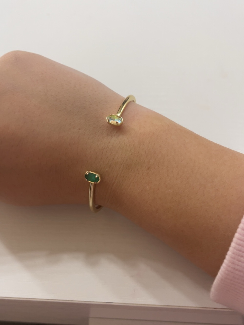 Gold Open Cuff Bracelet with Green and Opal Stones
